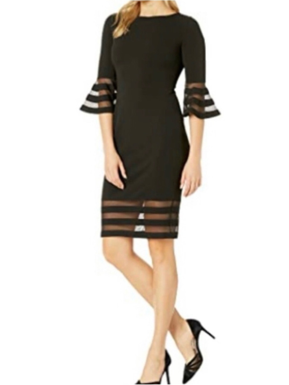 Calvin Klein Black Midi Dress with Sheer Stripe Sleeves and Hem